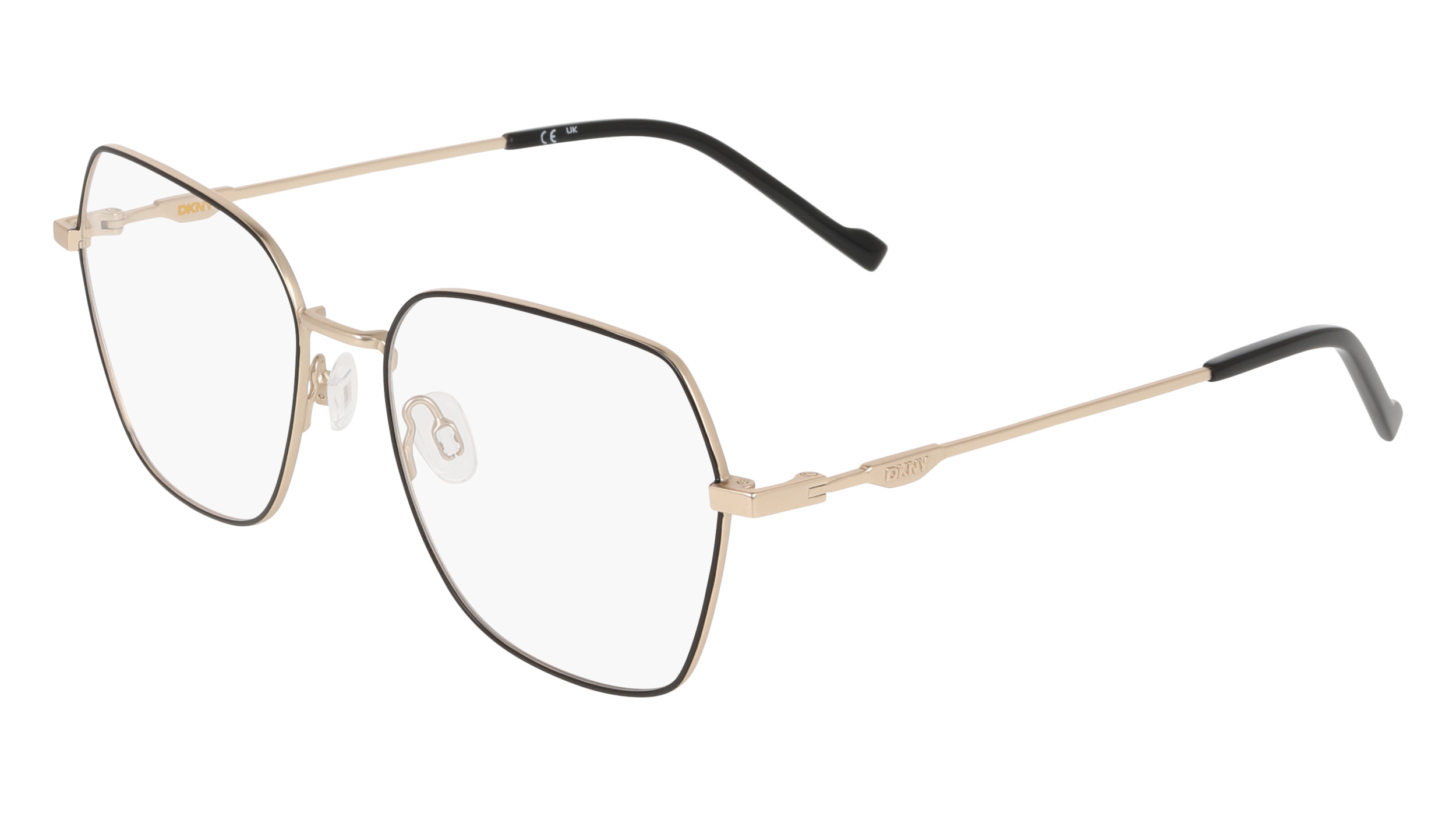DKNY DK3010 gold metallic geometric eyeglasses with clear lenses and black temple tips