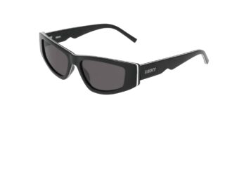 DKNY Fall 2026 rectangular black sunglasses with dark tinted lenses and white accent line on temple