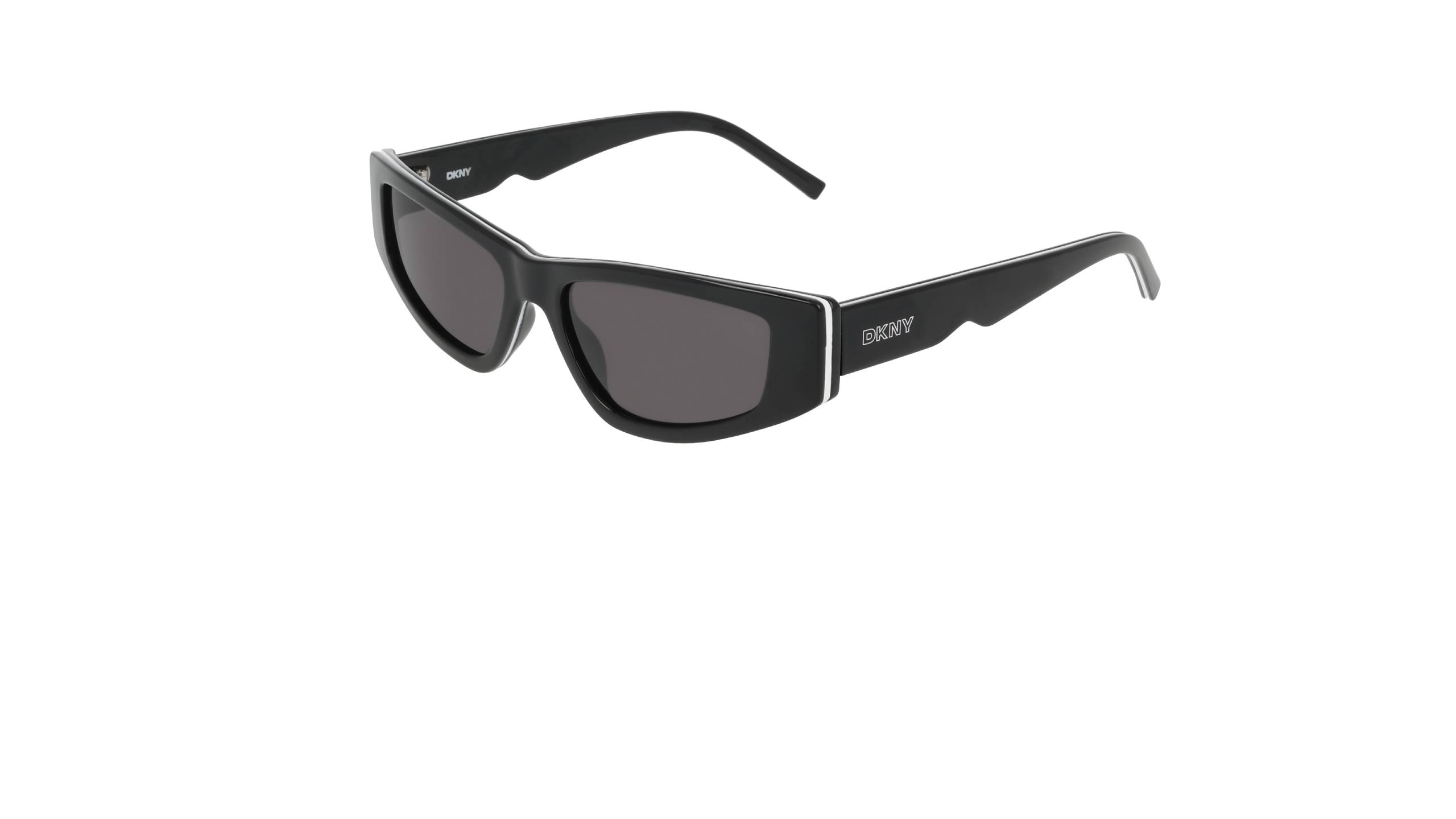 DKNY Fall 2026 rectangular black sunglasses with dark tinted lenses and white accent line on temple