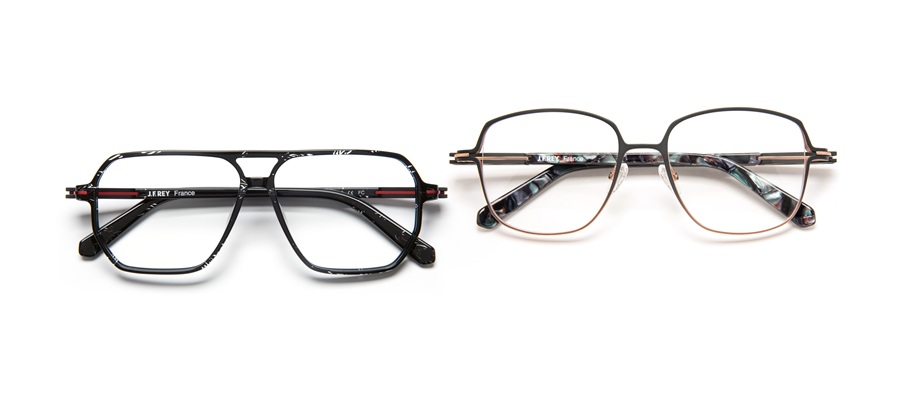 Paire de lunettes J.F. REY comprenant une monture aviateur noire et la monture féminine JF3173 en titane.