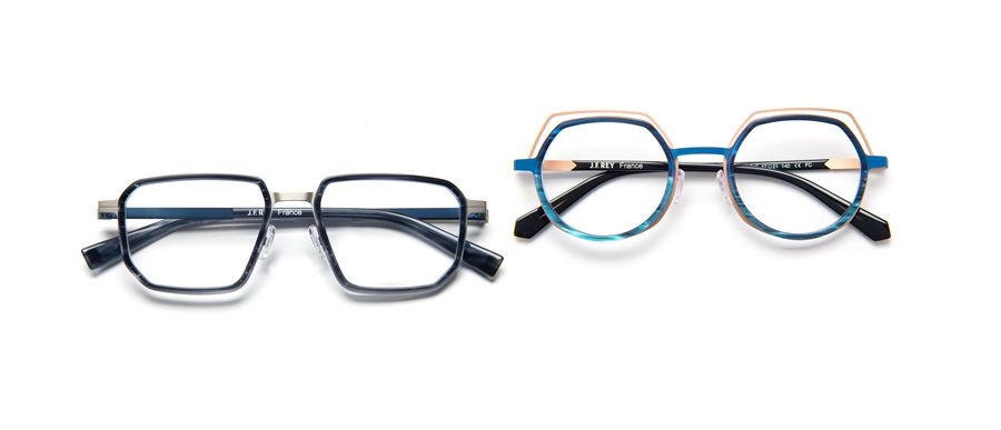J.F. REY Double Combi eyeglasses showing grey rectangular and blue patterned round frames.