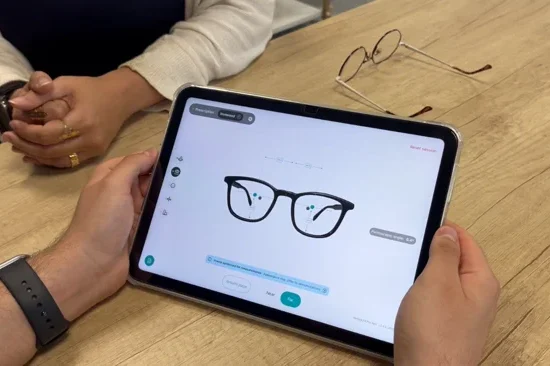 Fittingbox Optical Fit Pro tablet solution showing digital eyewear measurements during an in-store optician consultation