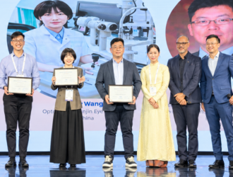 HOYA Vision Care MiYOSMART Case Study Contest 2026 Asia-Pacific finalists and award presenters stage photo at AOC