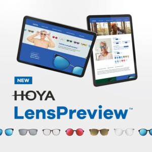 Application d'essai virtuel HOYA LensPreview affichée sur deux tablettes présentant les options de personnalisation de teintes et de verres miroirs.