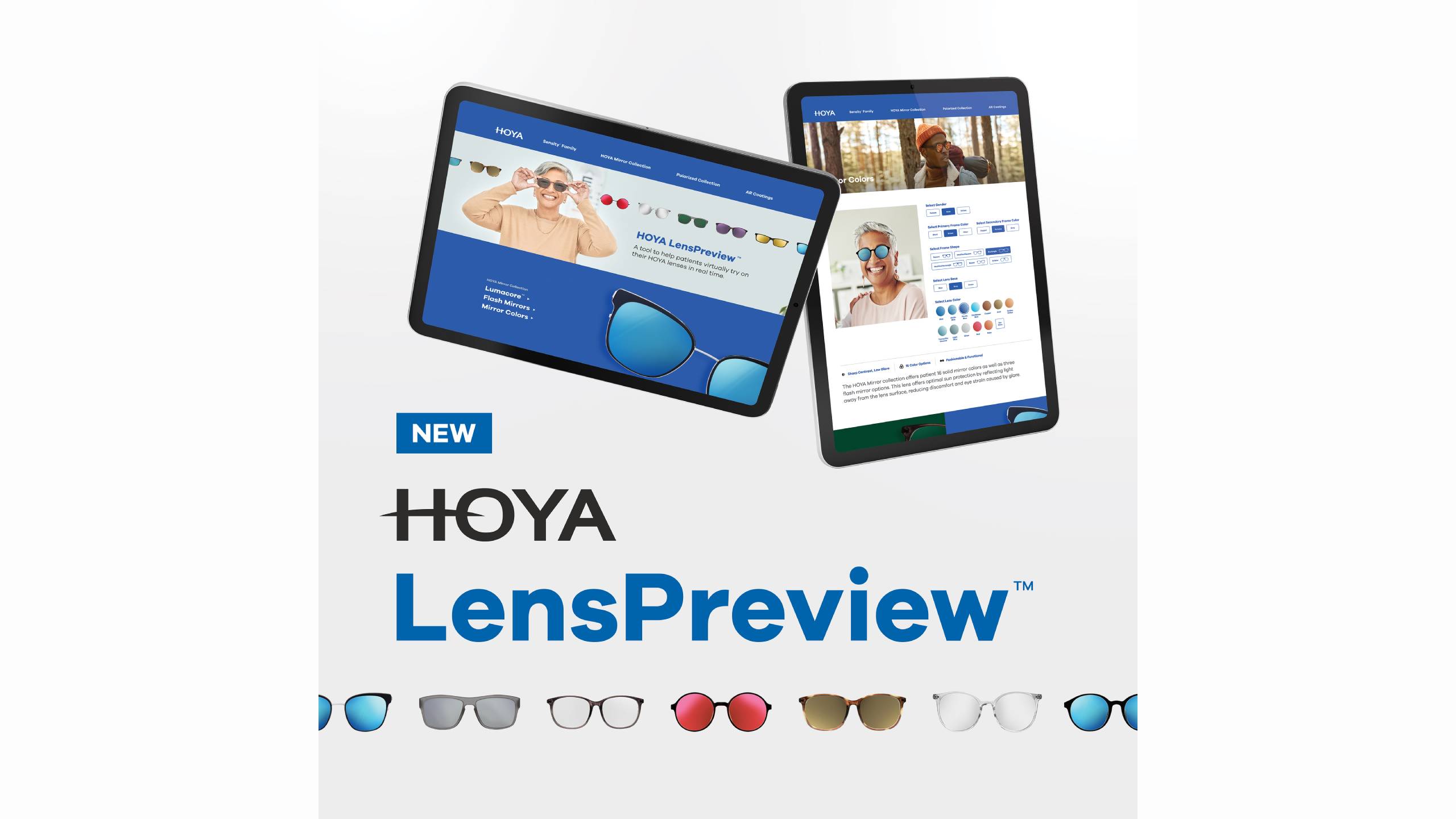 Application d'essai virtuel HOYA LensPreview affichÃ©e sur deux tablettes prÃ©sentant les options de personnalisation de teintes et de verres miroirs.