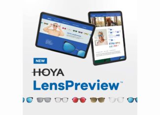 HOYA LensPreview virtual try-on application displayed on two tablet screens showing eyewear tint and mirror lens customization options.