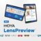 HOYA LensPreview virtual try-on application displayed on two tablet screens showing eyewear tint and mirror lens customization options.
