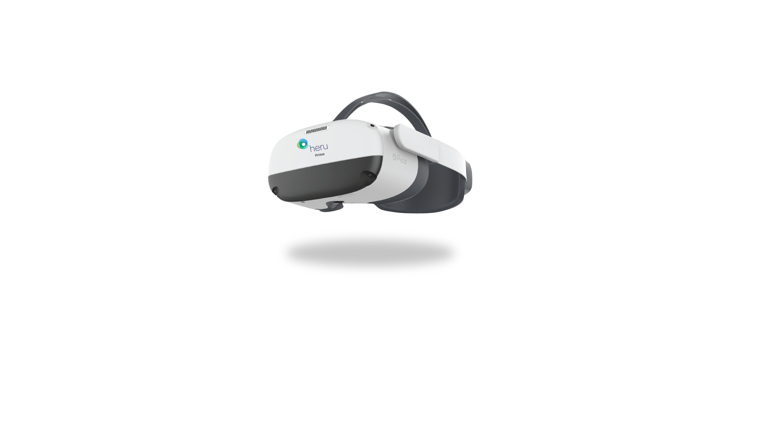 Casque de réalité virtuelle Heru Prime en blanc et gris foncé, présenté de profil avec une sangle de tête ajustable, sur fond blanc uni.