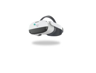 Heru Prime VR headset in white and dark gray, shown in profile with an adjustable head strap, floating against a plain white background.