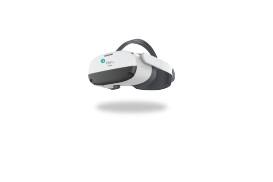Heru Prime VR headset in white and dark gray, shown in profile with an adjustable head strap, floating against a plain white background.