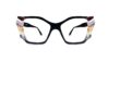 Front view of Ultra Limited LERICI squared women's eyeglasses in solid black, featuring extended lateral wing inserts made of multi-layered light pastel and patterned acetate along the outer edges.