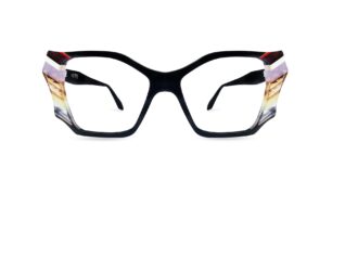 Front view of Ultra Limited LERICI squared women's eyeglasses in solid black, featuring extended lateral wing inserts made of multi-layered light pastel and patterned acetate along the outer edges.