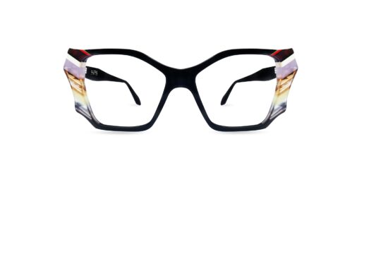 Front view of Ultra Limited LERICI squared women's eyeglasses in solid black, featuring extended lateral wing inserts made of multi-layered light pastel and patterned acetate along the outer edges.
