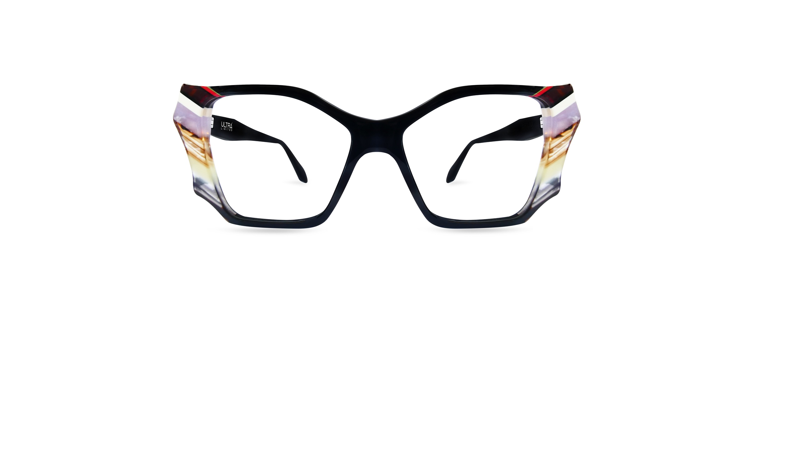 Front view of Ultra Limited LERICI squared women's eyeglasses in solid black, featuring extended lateral wing inserts made of multi-layered light pastel and patterned acetate along the outer edges.