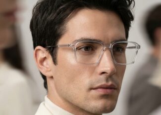 Man wearing LOOK NIL-TECH 75400 lightweight clear transparent rectangular eyeglasses with titanium temples.