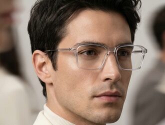 Man wearing LOOK NIL-TECH 75400 lightweight clear transparent rectangular eyeglasses with titanium temples.
