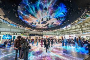Immersive ceiling projection at MIDO 2026 exhibition hall