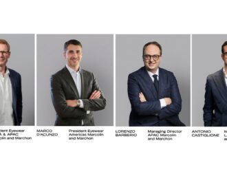 Une image composite présentant les portraits de quatre dirigeants de Marcolin et Marchon sur fond gris : Ross Brownlee (Président Eyewear EMEA & APAC), Marco D’Acunzo (Président Eyewear Amériques), Lorenzo Barberio (Directeur Général APAC) et Antonio Castiglione (Directeur Général LATAM).