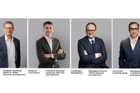 Une image composite présentant les portraits de quatre dirigeants de Marcolin et Marchon sur fond gris : Ross Brownlee (Président Eyewear EMEA & APAC), Marco D’Acunzo (Président Eyewear Amériques), Lorenzo Barberio (Directeur Général APAC) et Antonio Castiglione (Directeur Général LATAM).