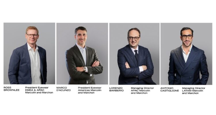 Une image composite prÃ©sentant les portraits de quatre dirigeants de Marcolin et Marchon sur fond gris : Ross Brownlee (PrÃ©sident Eyewear EMEA & APAC), Marco Dâ€™Acunzo (PrÃ©sident Eyewear AmÃ©riques), Lorenzo Barberio (Directeur GÃ©nÃ©ral APAC) et Antonio Castiglione (Directeur GÃ©nÃ©ral LATAM).