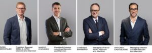 A composite image featuring headshots of four Marcolin and Marchon executives against grey backgrounds: Ross Brownlee (President Eyewear EMEA & APAC), Marco D’Acunzo (President Eyewear Americas), Lorenzo Barberio (Managing Director APAC), and Antonio Castiglione (Managing Director LATAM).