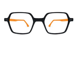 Lunettes de vue mixtes Spectaful AURA LIGHT Nomai C1, forme œil-de-chat avec face en polymère noir mat et intérieur des branches en acétate orange vibrant.