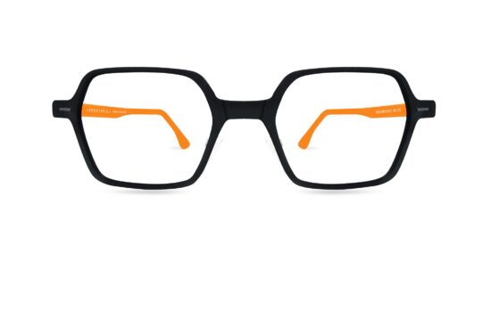 Lunettes de vue mixtes Spectaful AURA LIGHT Nomai C1, forme œil-de-chat avec face en polymère noir mat et intérieur des branches en acétate orange vibrant.