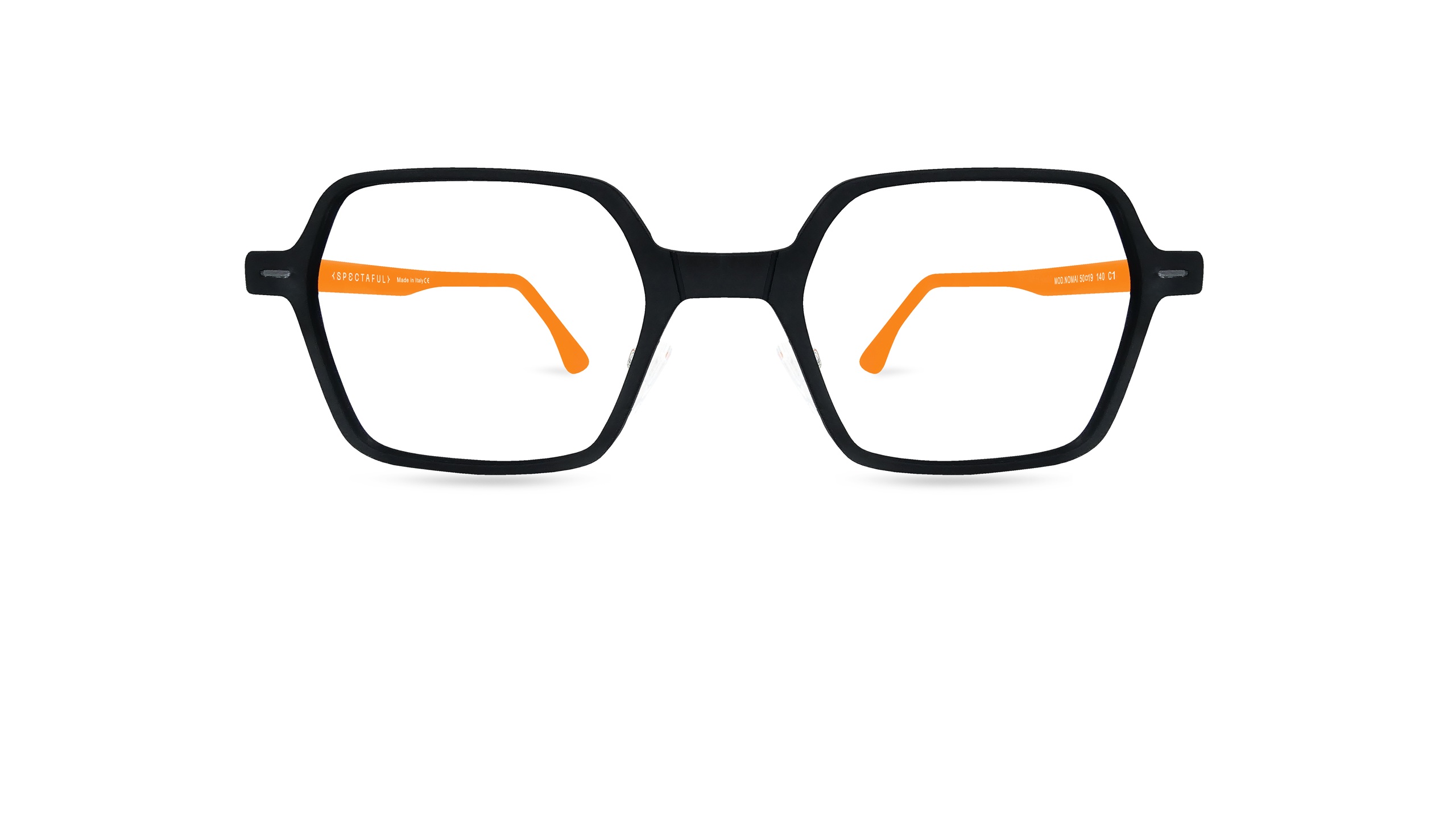 Lunettes de vue mixtes Spectaful AURA LIGHT Nomai C1, forme Å“il-de-chat avec face en polymÃ¨re noir mat et intÃ©rieur des branches en acÃ©tate orange vibrant.