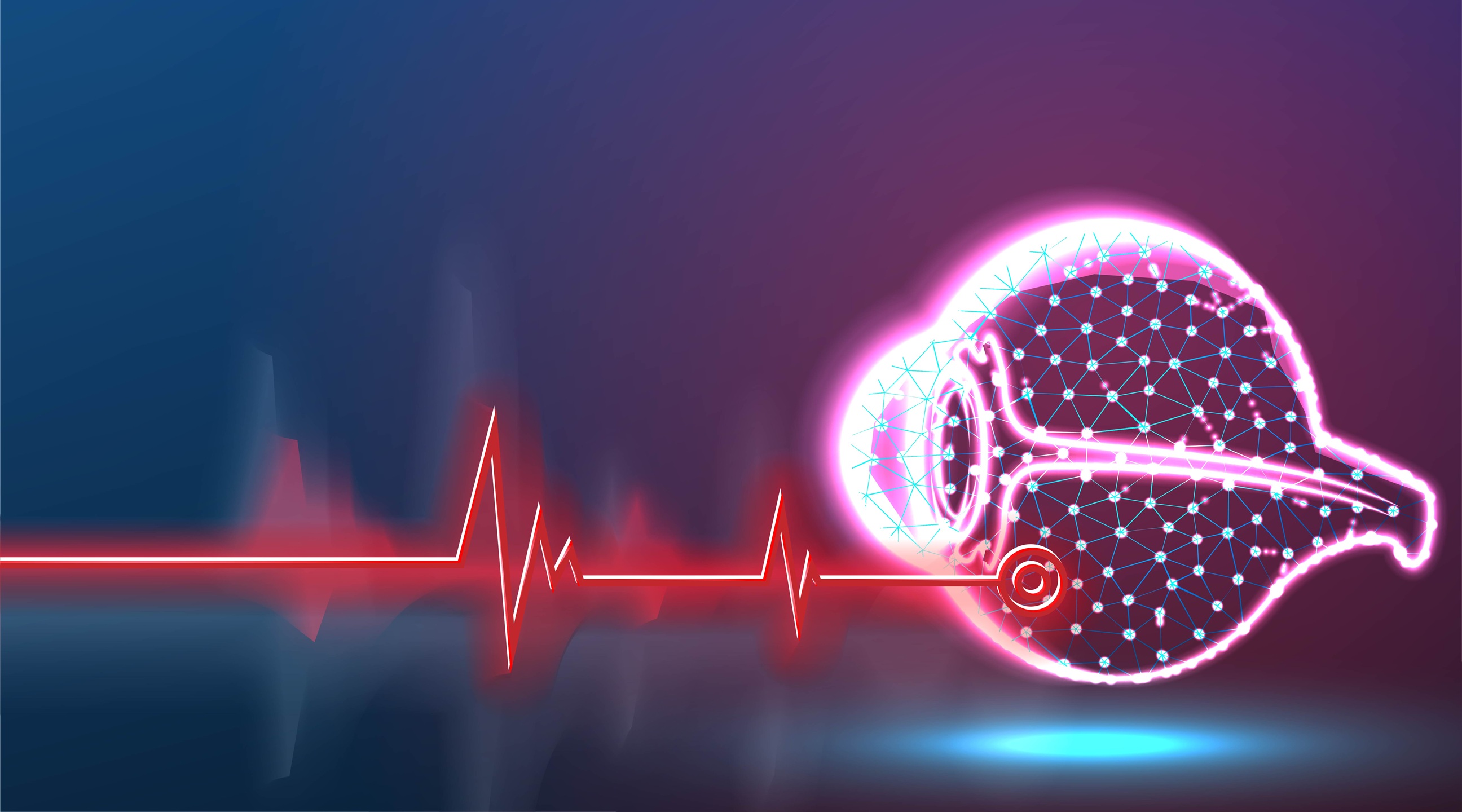 Illustration numérique d'un œil humain en coupe, représenté sous forme de réseau de points lumineux connectés, avec une ligne de battement cardiaque rouge menant vers lui, sur fond dégradé bleu foncé à violet.
