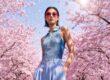 Model wearing J.F. REY SAKURA limited edition sunglasses in a cherry blossom garden setting, showcasing the red openwork frame.