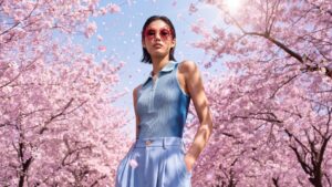 Model wearing J.F. REY SAKURA limited edition sunglasses in a cherry blossom garden setting, showcasing the red openwork frame.