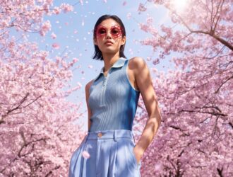 Model wearing J.F. REY SAKURA limited edition sunglasses in a cherry blossom garden setting, showcasing the red openwork frame.