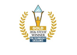 Gold Stevie Winner 2026 award badge for Technology Excellence with trophy and laurel wreath emblem.