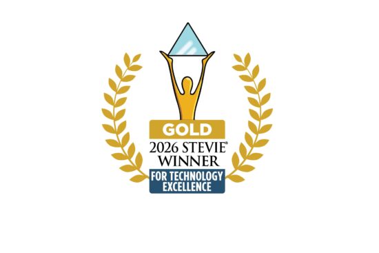 Gold Stevie Winner 2026 award badge for Technology Excellence with trophy and laurel wreath emblem.