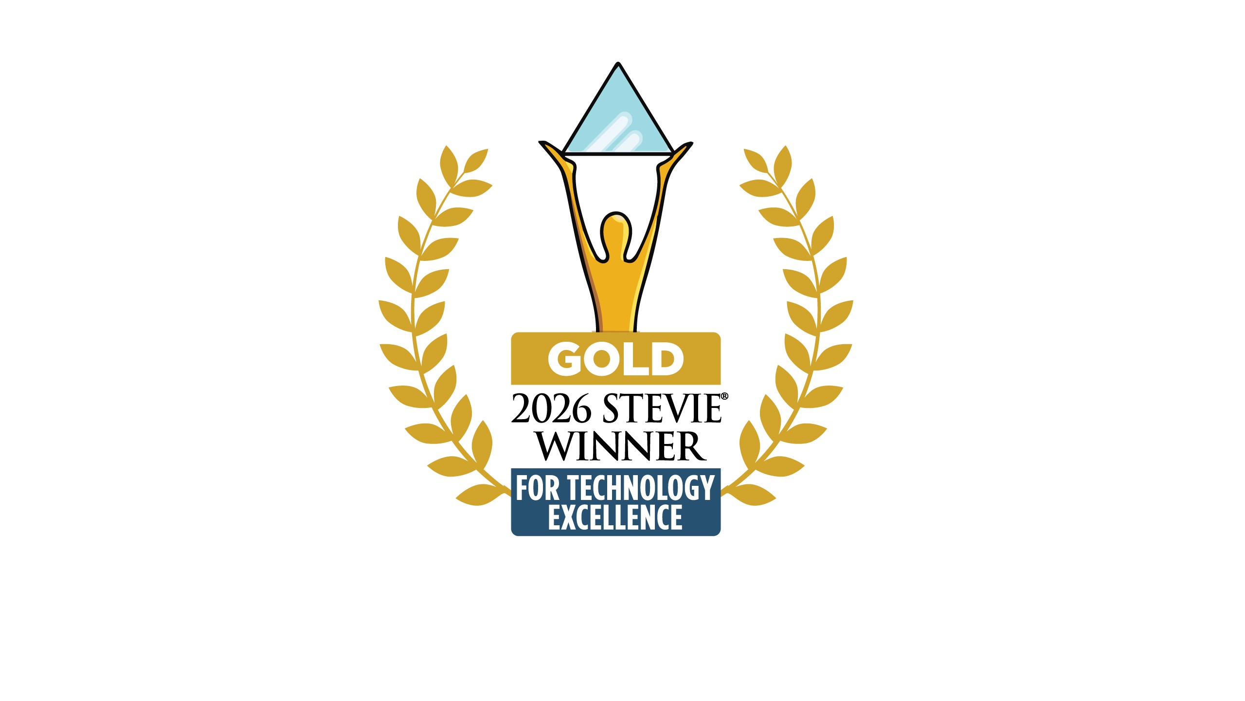 Gold Stevie Winner 2026 award badge for Technology Excellence with trophy and laurel wreath emblem.