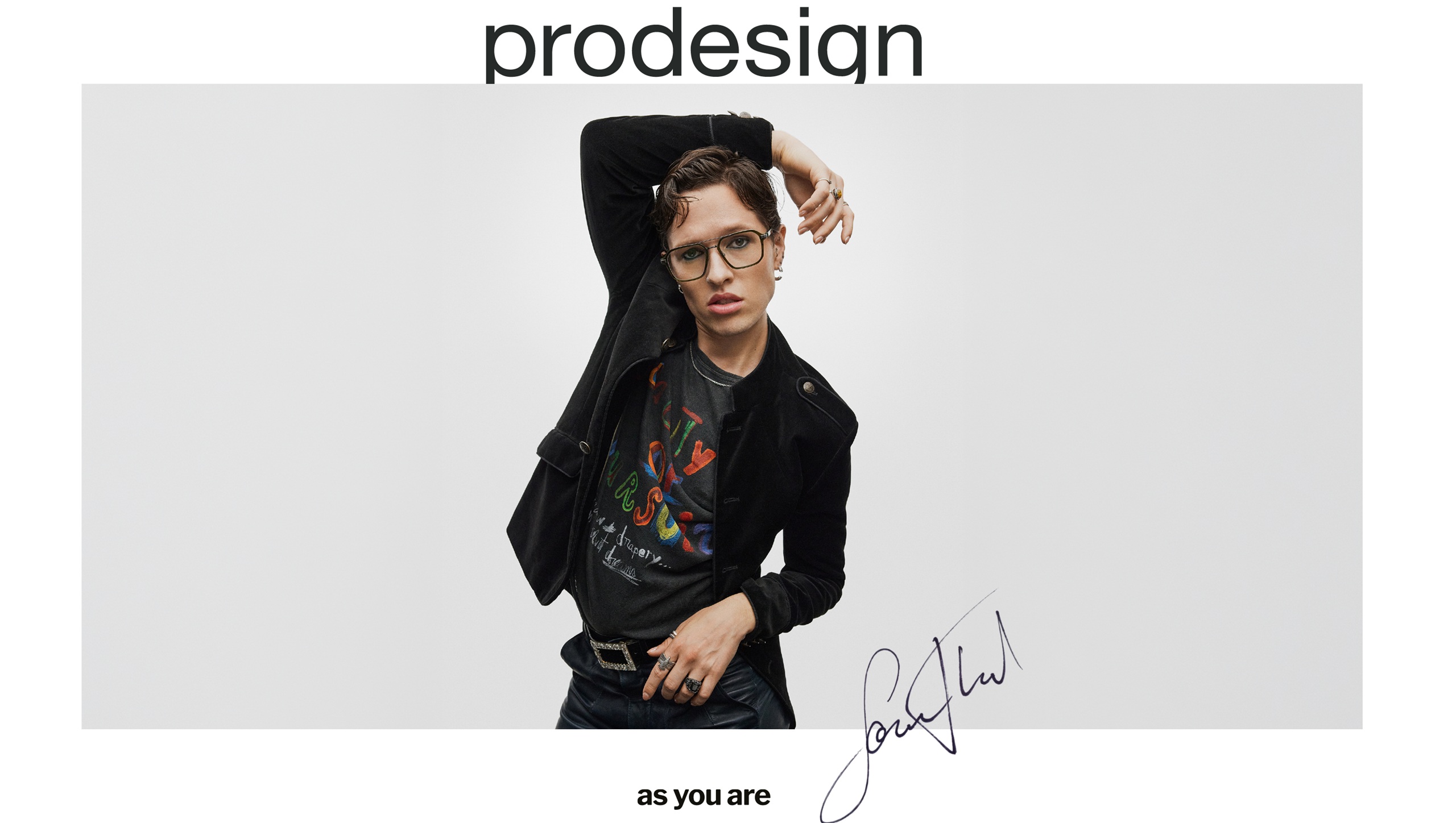 SÃ¸ren Torpegaard Lund posing in stylish eyewear for the Prodesign As You Are campaign banner