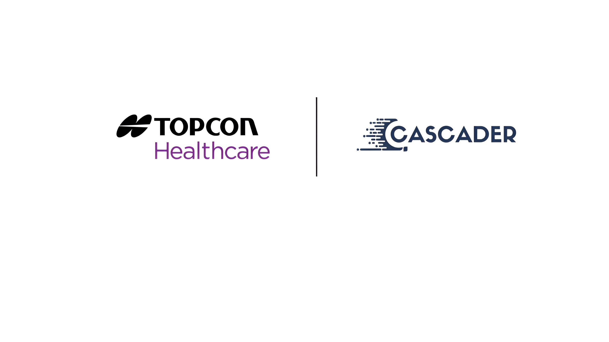 Logo Topcon Healthcare Ã  gauche et logo Cascader Ã  droite, sÃ©parÃ©s par une ligne verticale sur fond blanc