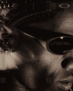 Campagne Cactus Jack x Oakley présente un portrait en gros plan portant les lunettes de soleil Eye Jacket Redux avec un effet numérique