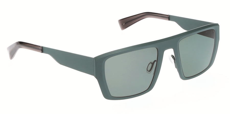 Angle view of the Ørgreen Sheet Titanium SUN sunglasses with matte teal frames and dark green lenses, highlighting the frame's shape.