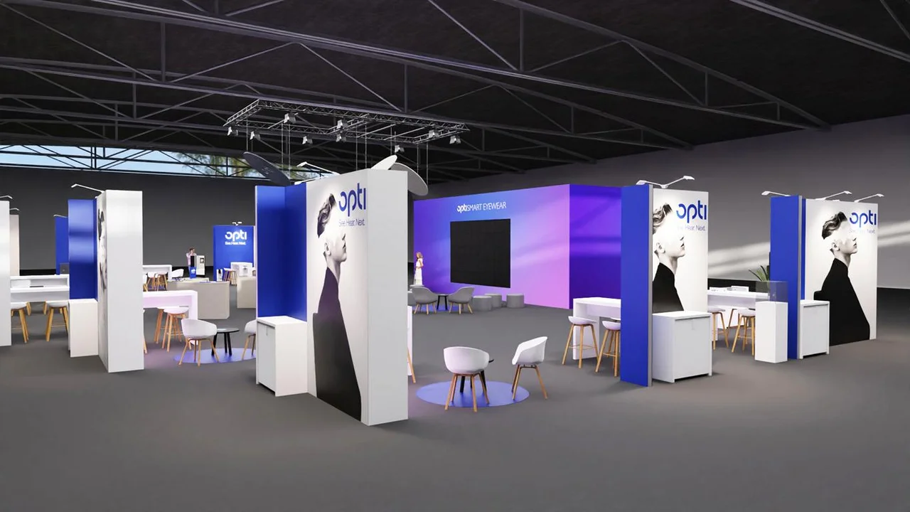 Preliminary 3D rendering of the opti SMART TECH exhibition area, featuring modern blue and white display stands, seating areas, and a purple background wall labeled "opti SMART EYEWEAR.