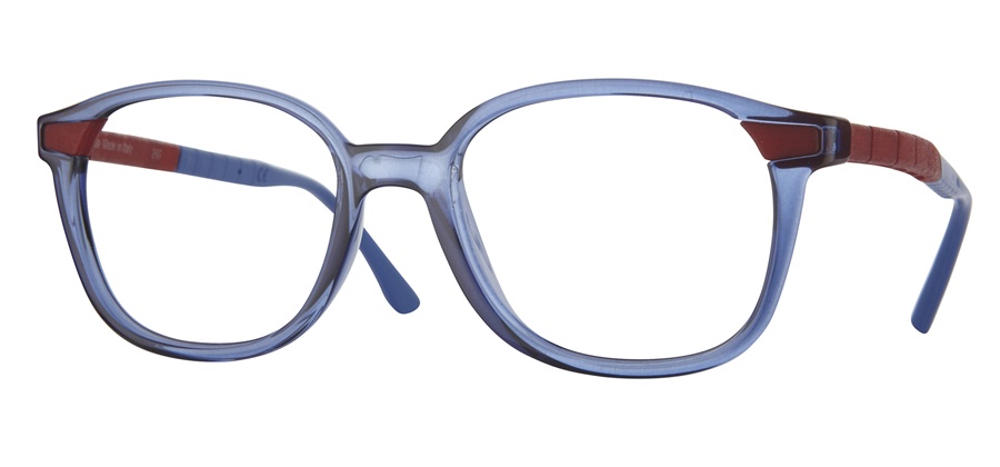 LOOKKINO TRI-X 3945 series kids eyeglasses with a translucent blue NIL front and red 3D-printed temples