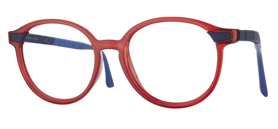 LOOKKINO TRI-X 3946 series round kids glasses frame featuring a translucent red front and blue temples