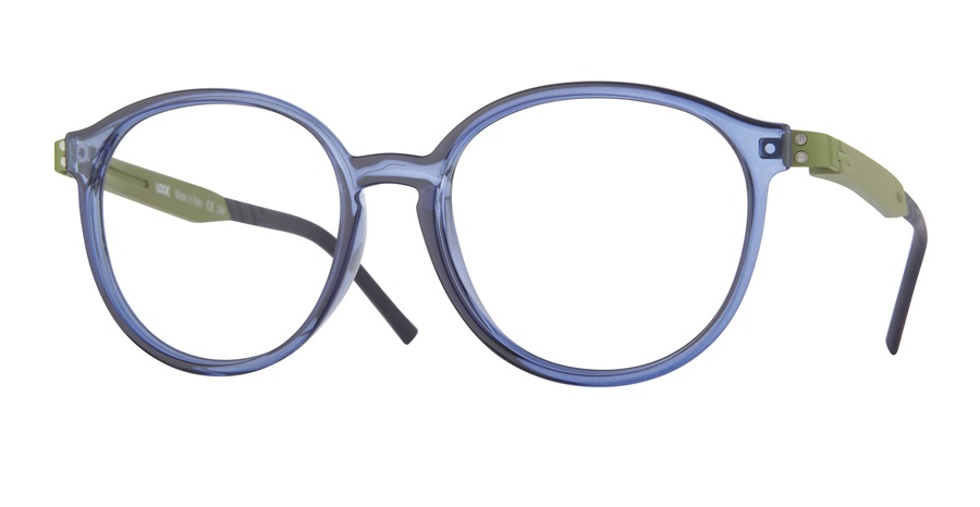 LOOKKINO Nil 3950 round eyeglasses frame in translucent blue with olive green temples for kids.