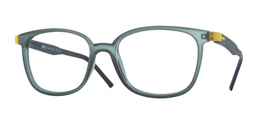 Monture de lunettes de vue pour enfants LOOKKINO Nil série 3950 en vert turquoise avec détails jaunes et charnières sans vis.