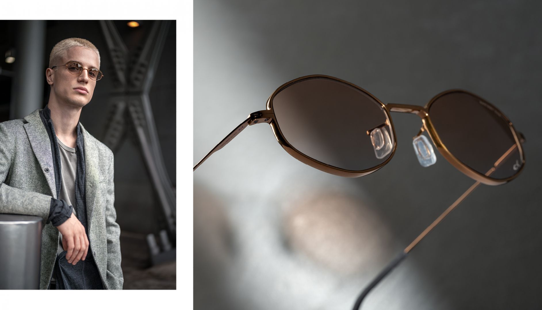 Gros plan sur la monture des lunettes de soleil teintées ovales Blackfin Pacific à côté du mannequin homme.