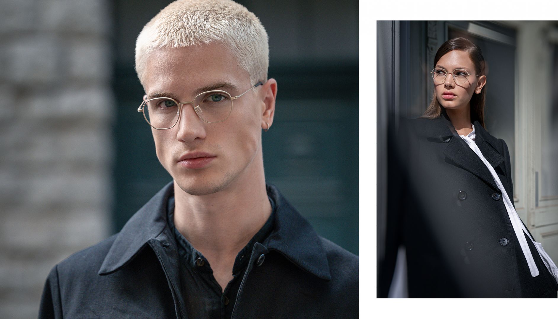 Male model wearing Blackfin Pacific Niles squared optical glasses with thin titanium temples.