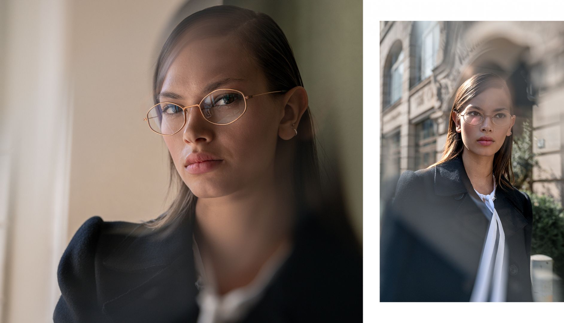 Woman wearing Blackfin Pacific Altadena shiny copper gold oval optical glasses.