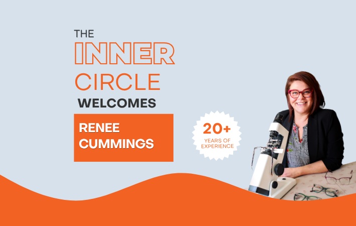 Graphique d'Eye Care Collective accueillant Renee Cummings, opticienne d'ordonnance diplÃ´mÃ©e avec plus de 20 ans d'expÃ©rience, comme ambassadrice du programme The Inner Circle.