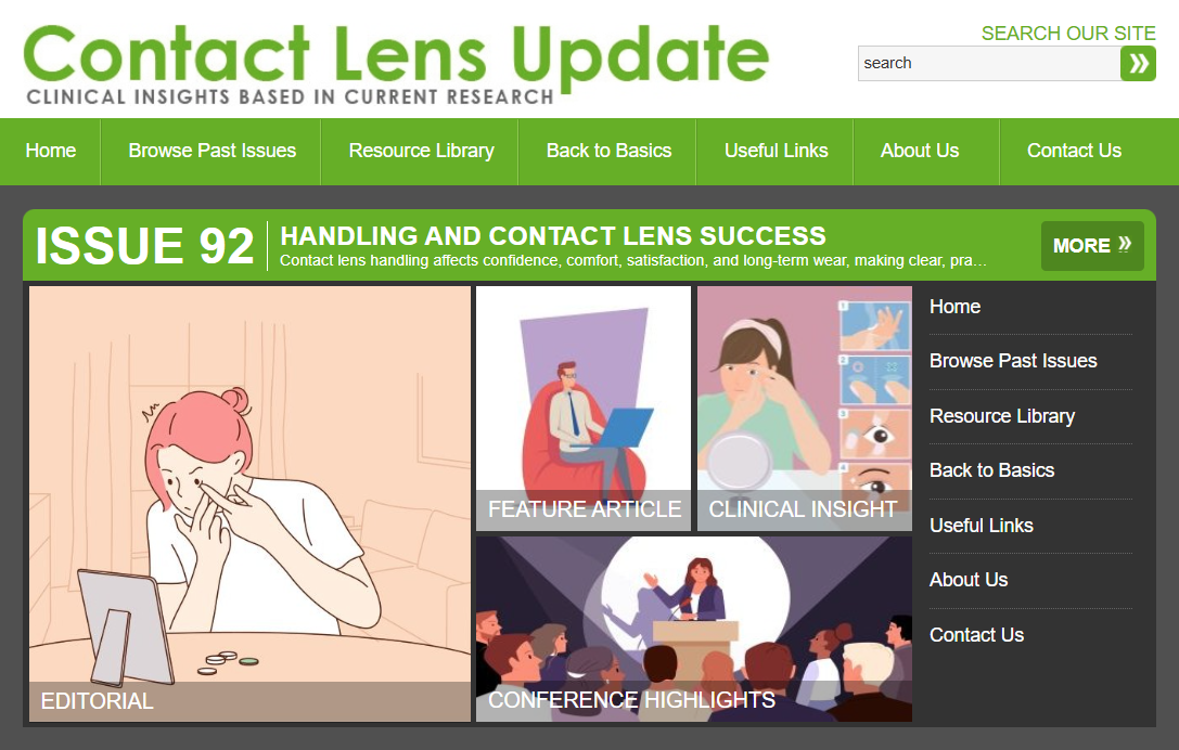 Contact Lens Update website landing page for Issue 92, titled 'Handling and Contact Lens Success,' displaying links to Editorial, Feature Article, Clinical Insight, and Conference Highlights.