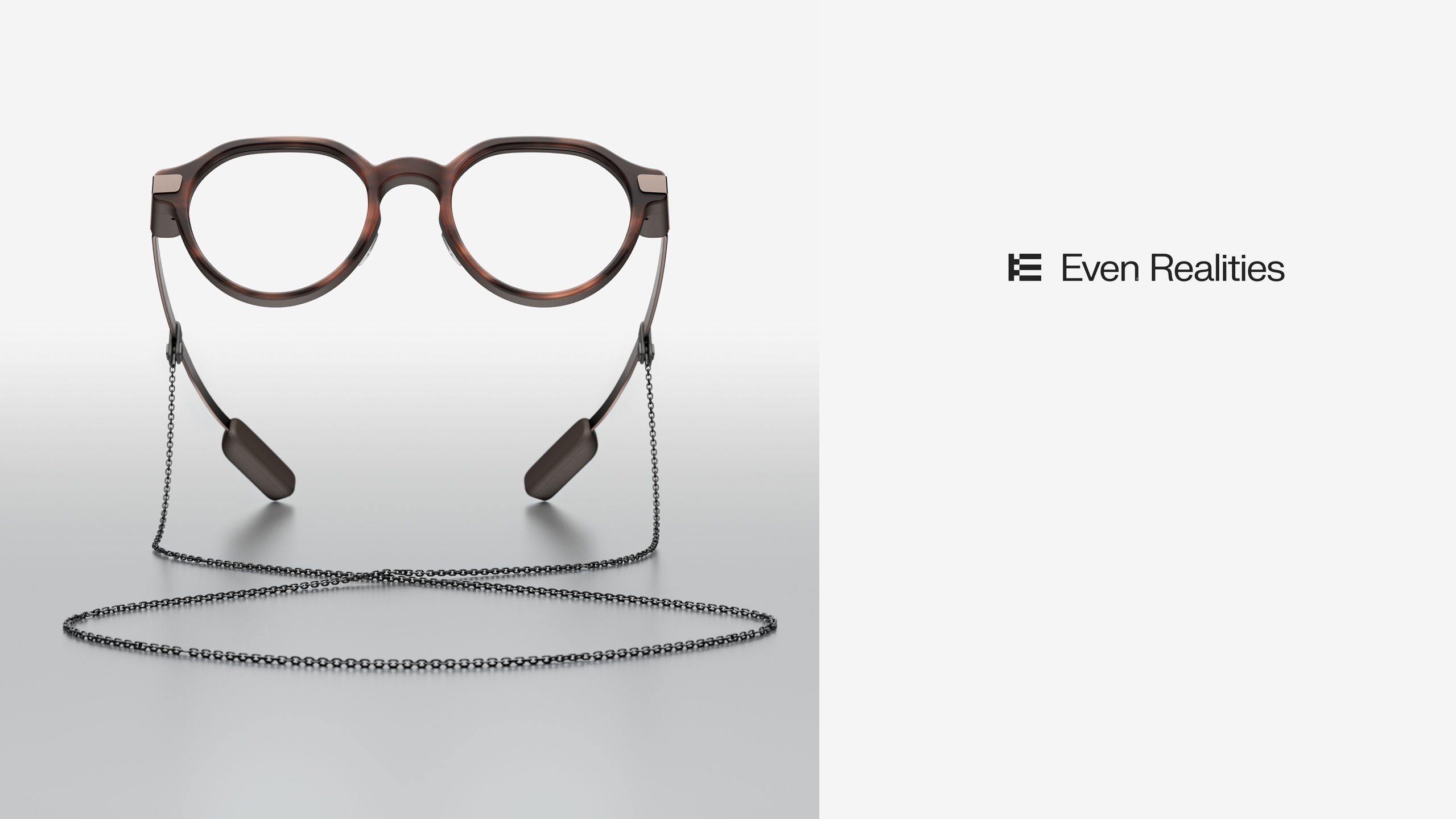 Even Realities Even G2 Brown 2 smart glasses with tortoiseshell round frame and stainless steel chain alongside the Even Realities logo.